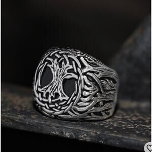 Men’s Silver Tone Tree of Life Ring Black Inlay Size 11 Gothic Style